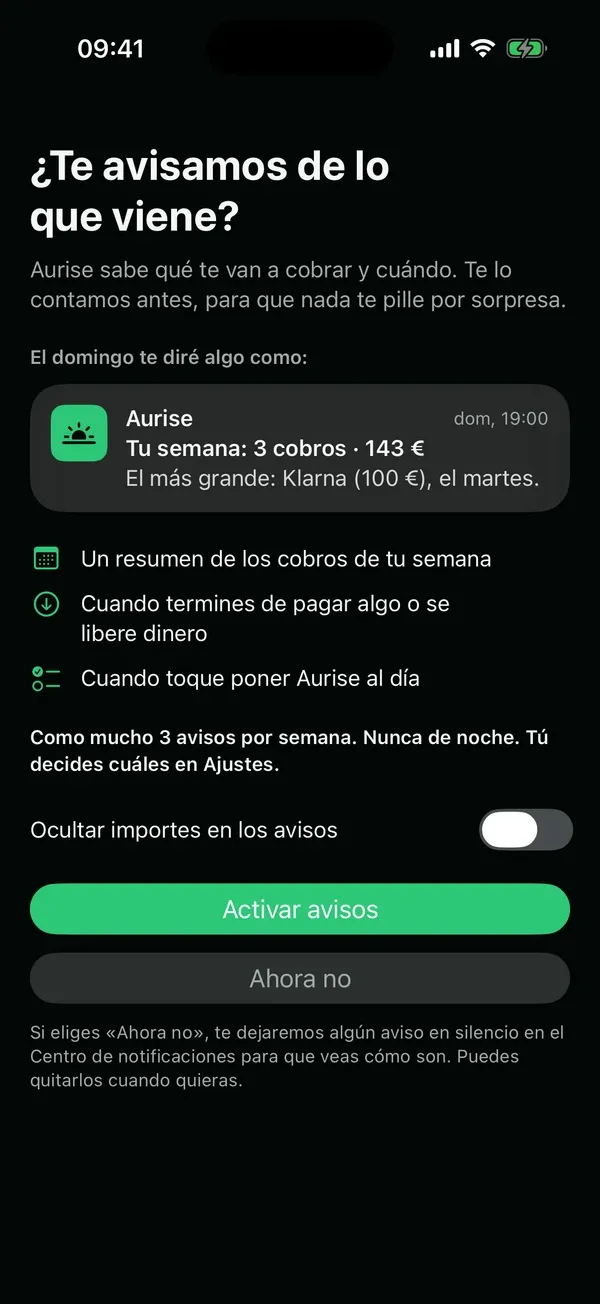 Pantalla de Aurise que propone activar los avisos, con un ejemplo del resumen de la semana.