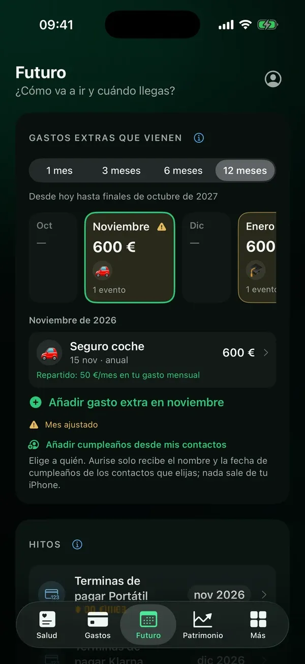 Pantalla Futuro de Aurise: gastos extras de los próximos meses, con un mes ajustado marcado.