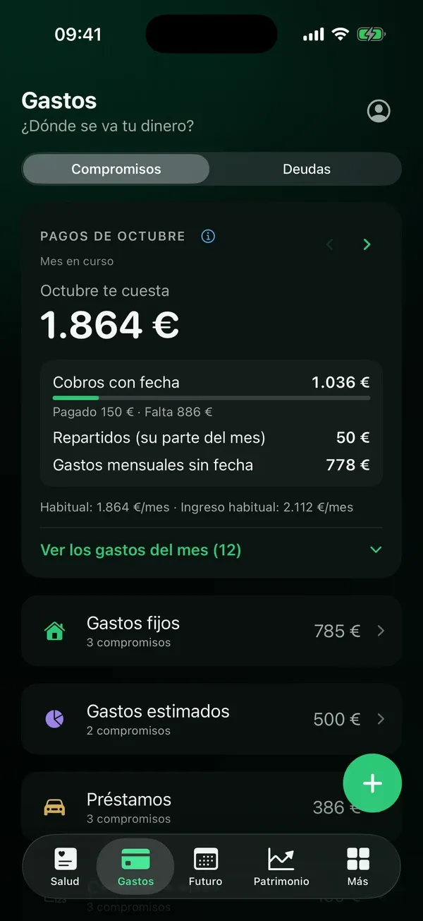 Pantalla Gastos de Aurise: lo que te cuesta el mes, lo pagado y lo que falta, y tus compromisos por tipo.