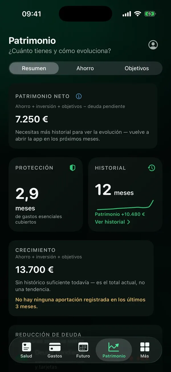 Pantalla Patrimonio de Aurise: patrimonio neto, meses de protección e historial.