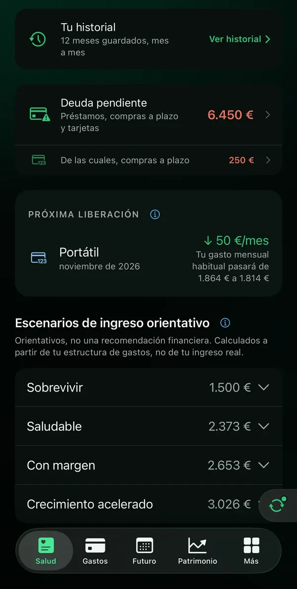 Pantalla Salud de Aurise: tu historial, la deuda pendiente y el próximo pago que termina.