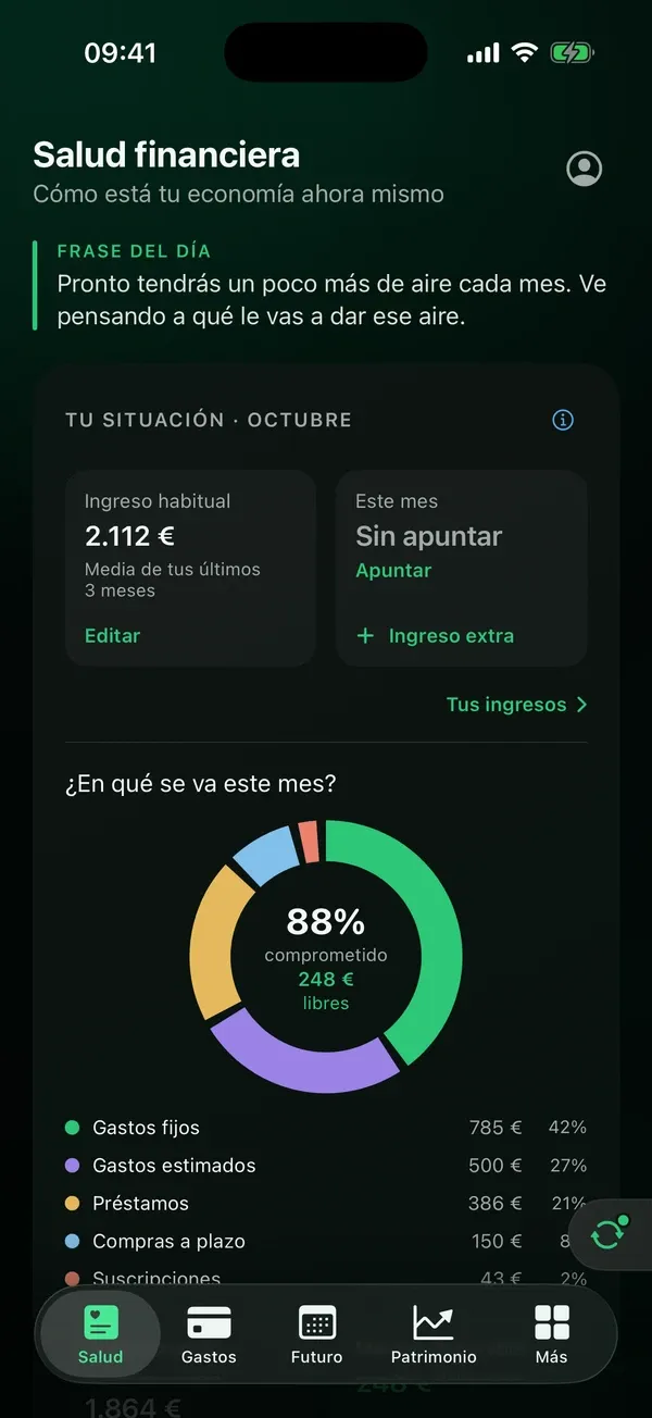 Pantalla Salud de Aurise: lo que tienes comprometido este mes, tu deuda pendiente y la próxima liberación de dinero.
